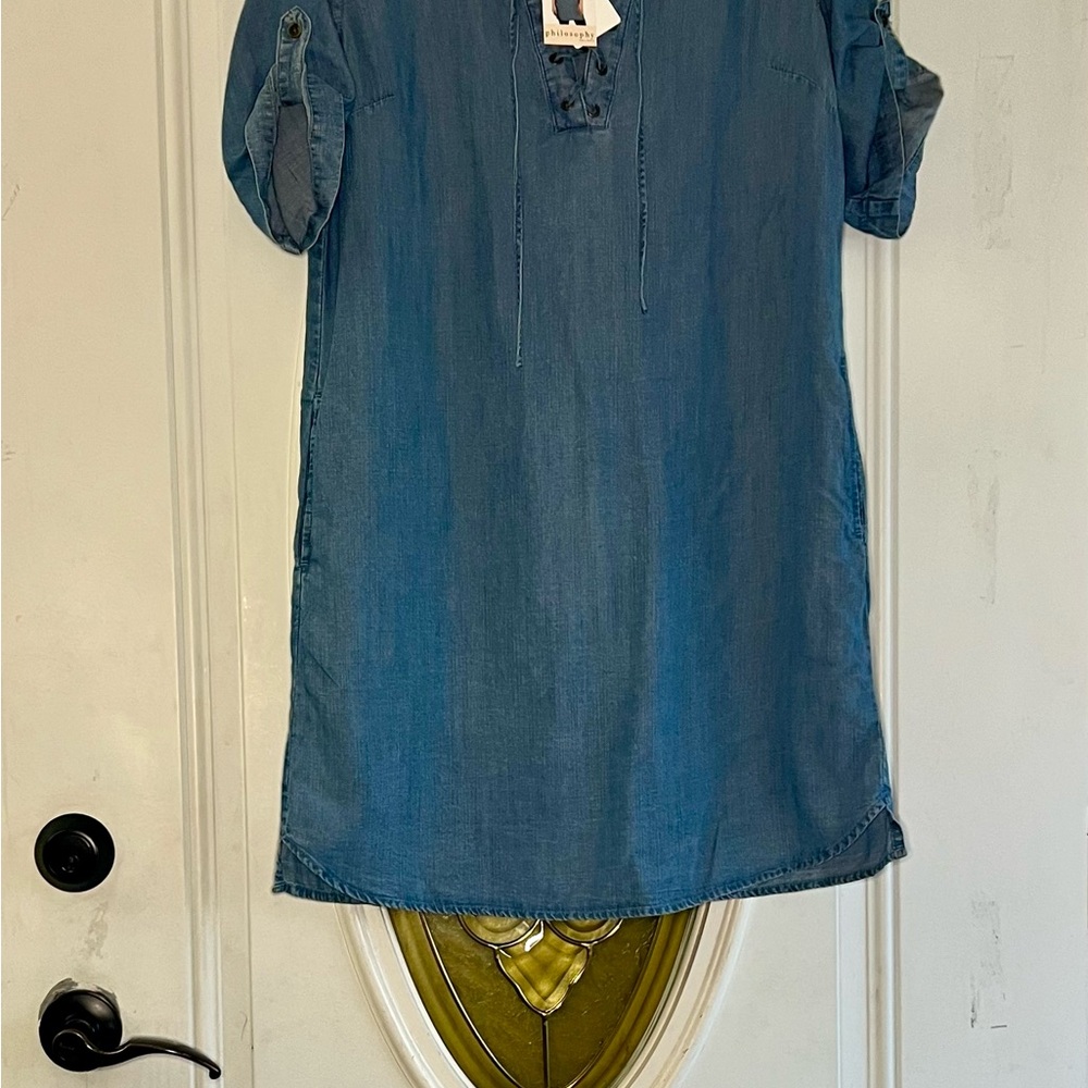 Philosophy Size medium 100% Tencel Lyocell Denim Tie Neck Shirt Dress Women